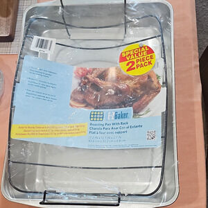 Baker Steel Roasting Pan w/ Rack 2pc Non-Stick 500°F Silver 17.2x12.7